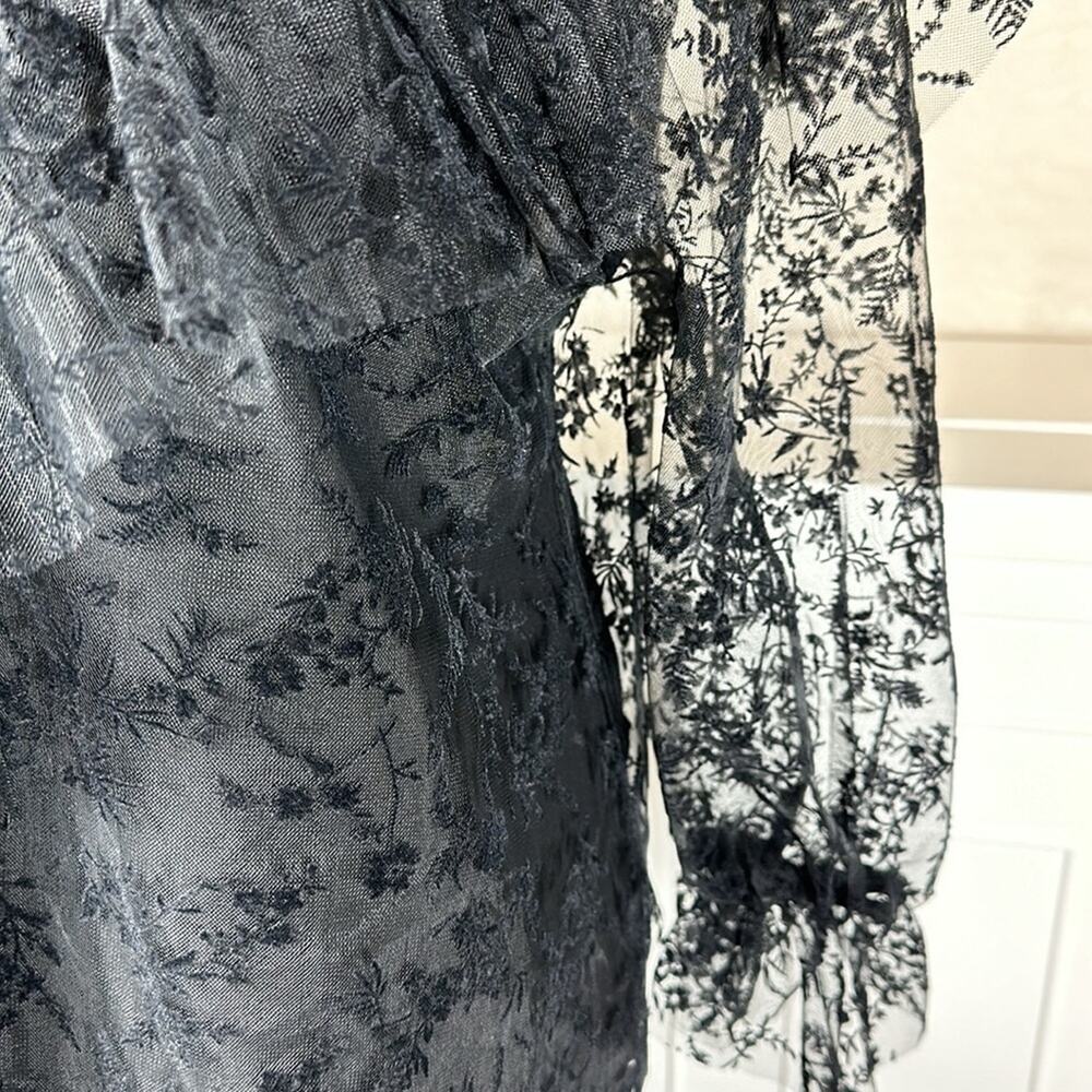 Zara Floral Tulle Ruffle Trim Blouse Top Black Sheer Velvet Lace Whimsigoth Sz L - Picture 9 of 13
